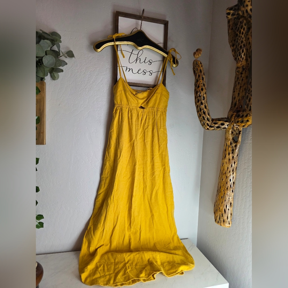 Zara Strappy Linen Blend Mustard Yellow Midi Dress Size XS - Picture 3 of 9